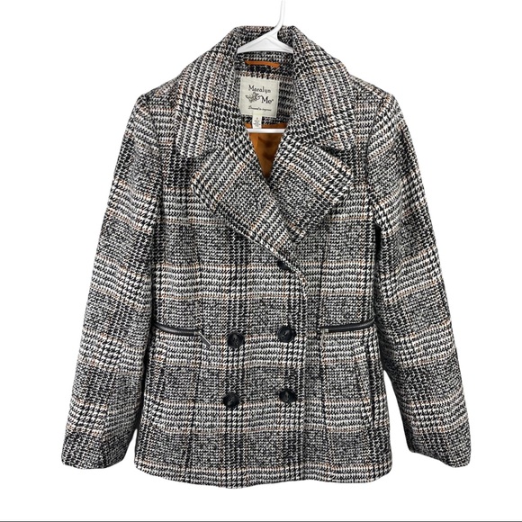 Maralyn & Me Tweed Plaid Peacoat Jacket Grey Multicolor Button Front Sz S - Picture 1 of 6